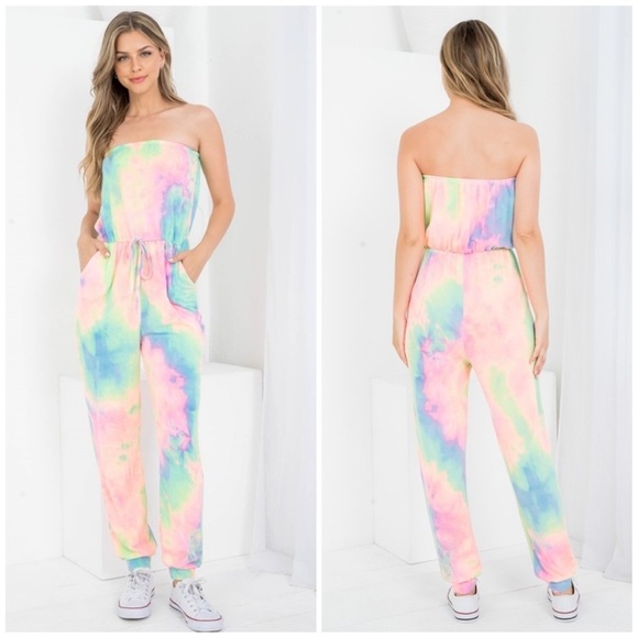 TIE DYE MULTI COLOR BLEND STRAPLESS TUBE TOP JUMPSUIT - Picture 3 of 4